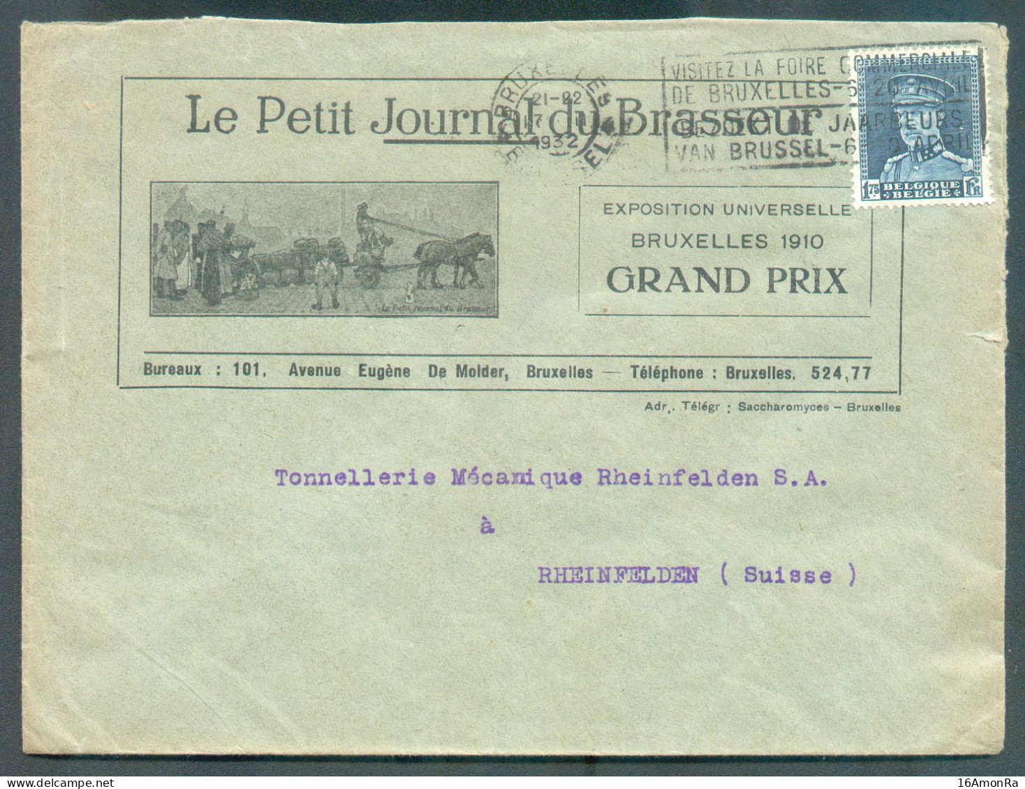 N°320 - 1Fr75 KEPI Obl. Mécanique De BRUXELLES 4 Sur Enveloppe Illustrée (Le Petit Journal Du BRASSEUR Grand Prix Exposi - 1931-1934 Képi