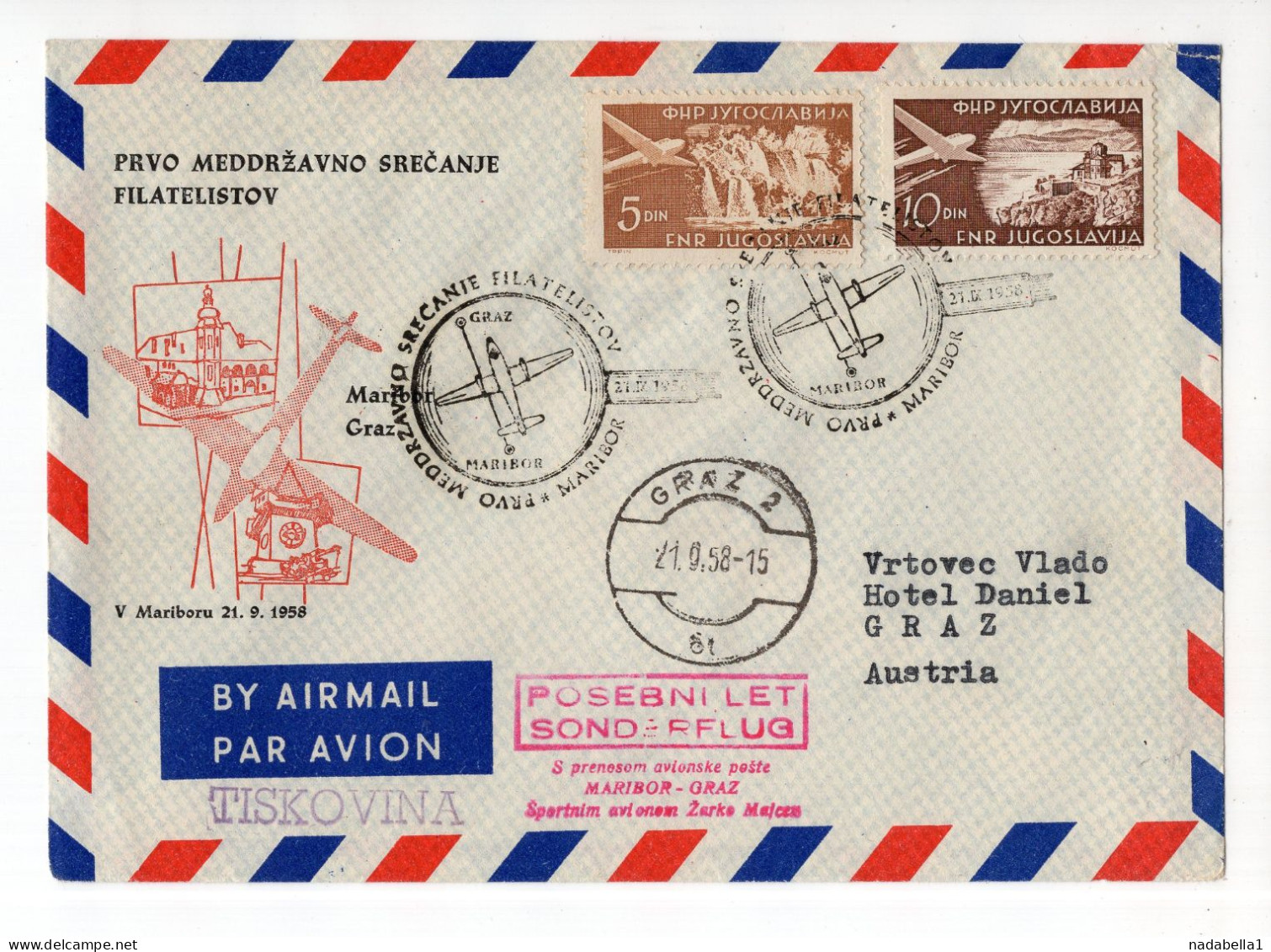 1958. YUGOSLAVIA,SLOVENIA,MARIBOR,AIRMAIL,SPECIAL COVER & CANCELLATION: FIRST INTERNATIONAL STAMP EXHIBITION,TO AUSTRIA - Luftpost