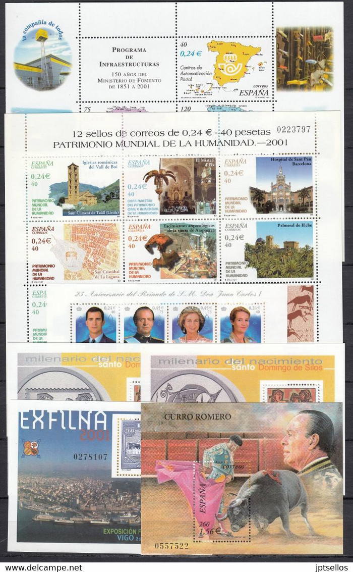 ESPAÑA 2001 Nº 3776/3856 AÑO COMPLETO NUEVO, MNH **, 48 SELLOS,7 HB,3 MP - Años Completos