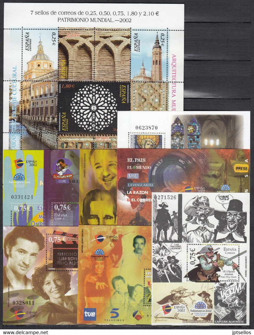 ESPAÑA 2002 Nº 3857/3956 AÑO COMPLETO NUEVO, MNH **, 47 SELLOS,14 HB,1 MP, 2 CARNETS - Full Years