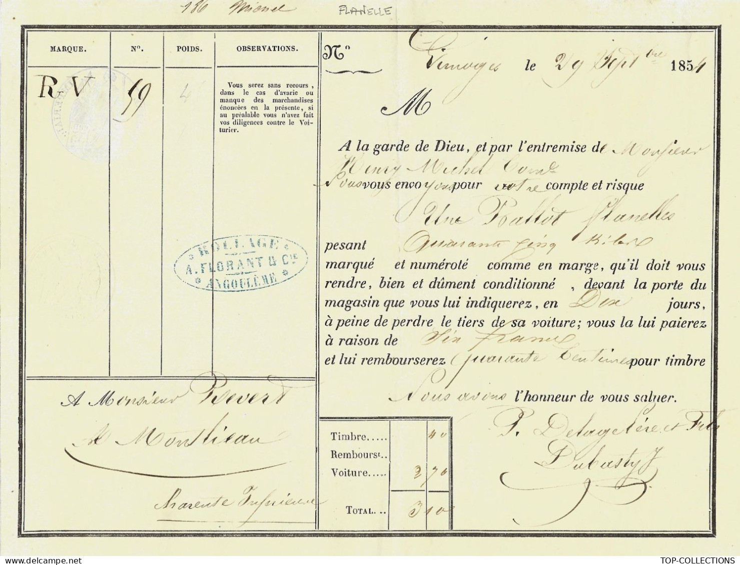 1854 De Limoges DELAGE Père &  Fils ROULAGE TRANSPORT Lettre De  VOITURE BALLOT DE FLANELLES > Revert Montlieu  Charente - 1800 – 1899