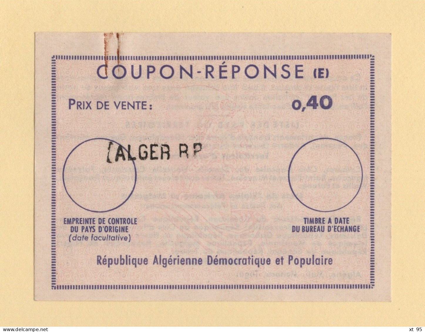 Algerie - Coupon Reponse 0.40 - Alger RP - Republique Algerienne Democratique Et Populaire - Argelia (1962-...)