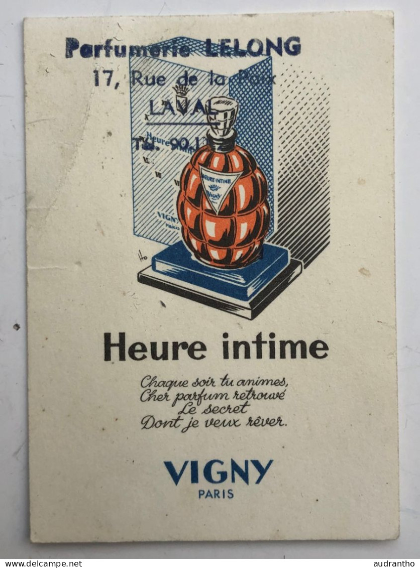 Carte Parfumée Ancienne - Heure Intime Vigny Paris Parfumerie Lelong à Laval - Anciennes (jusque 1960)