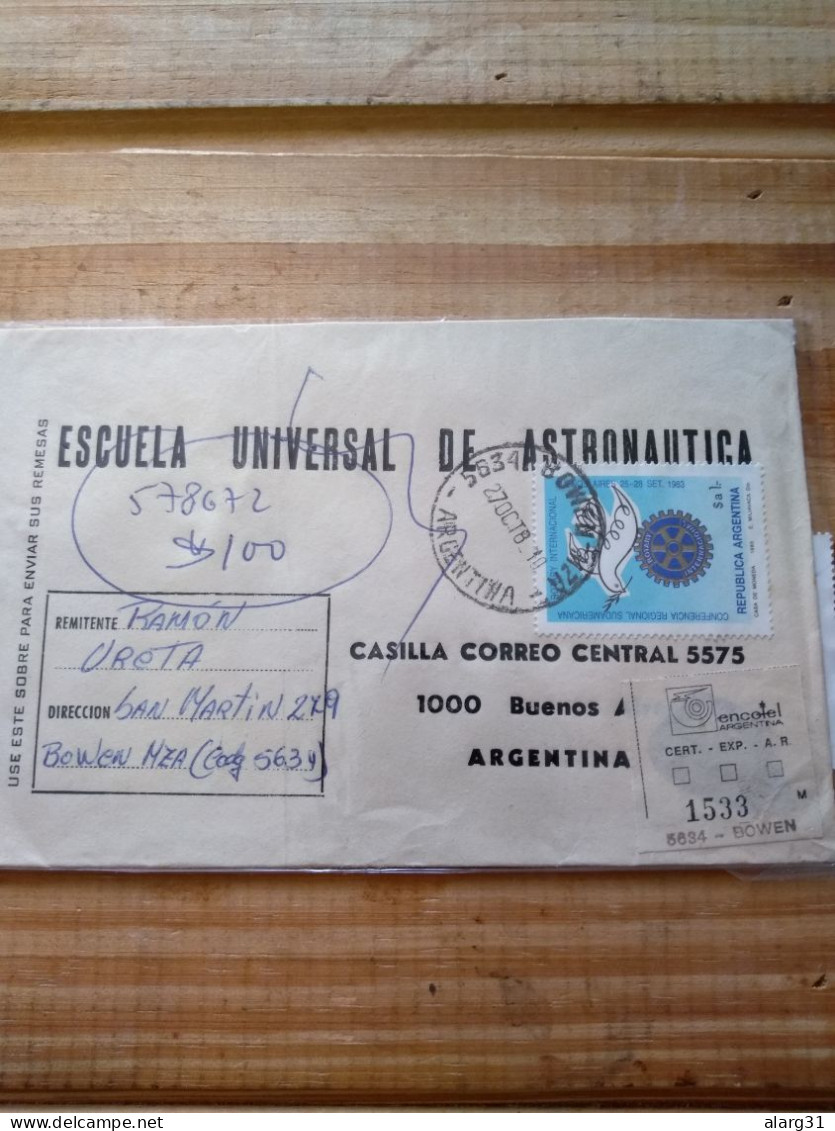 Argentina Reg.cover.rotary Stamp.inflation Mail.6 Red Label.from Bowen Mza.1983.e7 Reg Post 1 Or 2 Pieces. - Briefe U. Dokumente