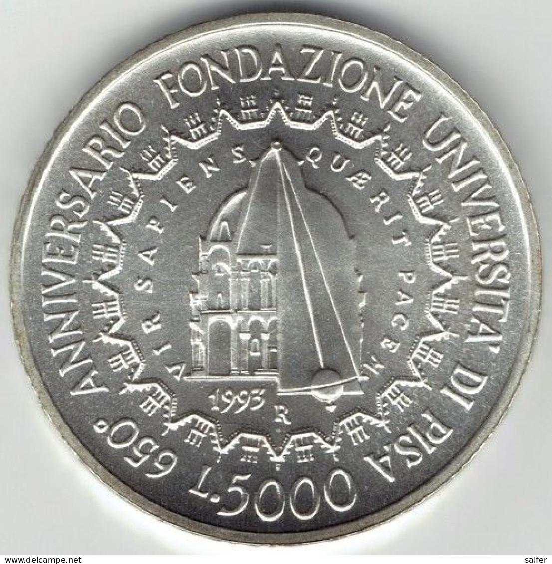 REPUBBLICA  1993  UNIVERSITA' PISA   Lire 5000 AG - Herdenking