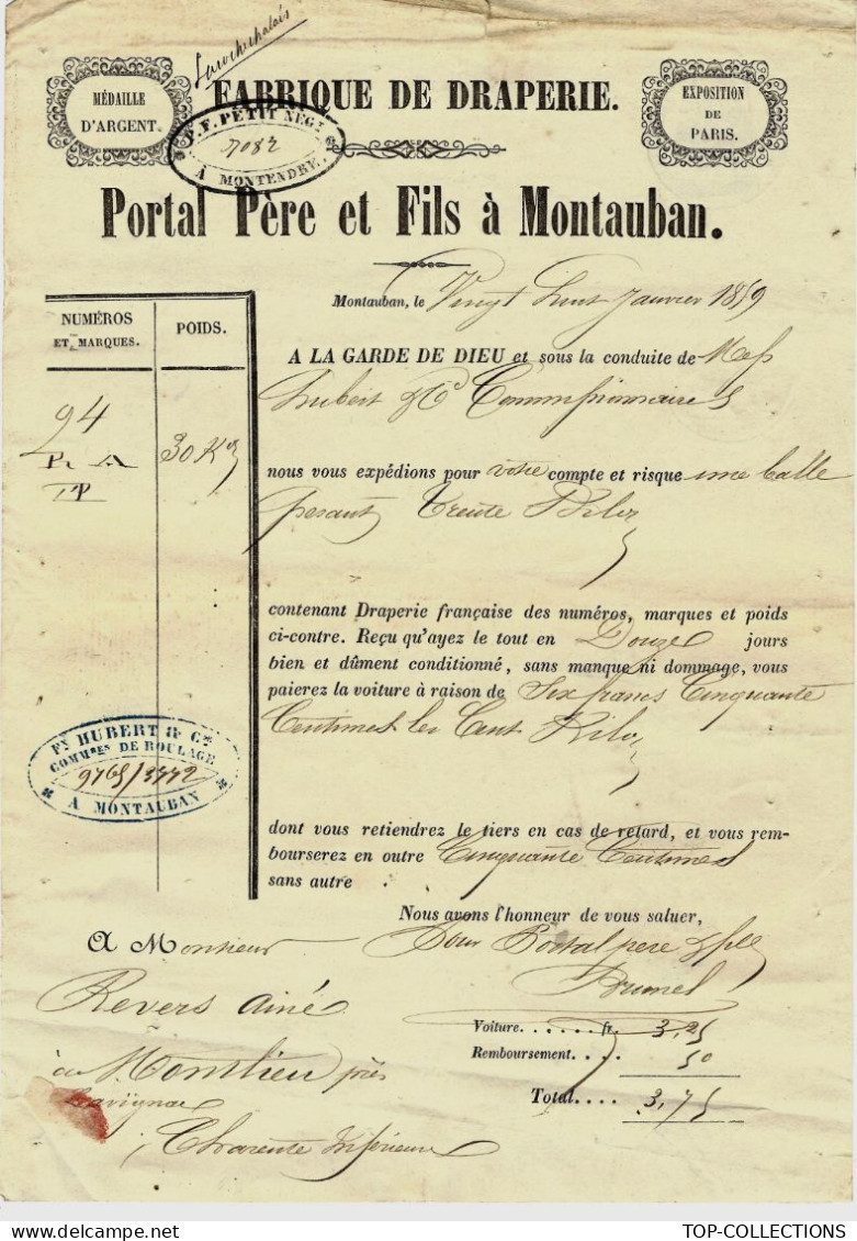 ROULAGE LETTRE DE VOITURE TRANSPORT 1859  ENTETE Fabrique De Draperie Portal Père Fils Montauban Balle Tissus =>Montlieu - 1800 – 1899