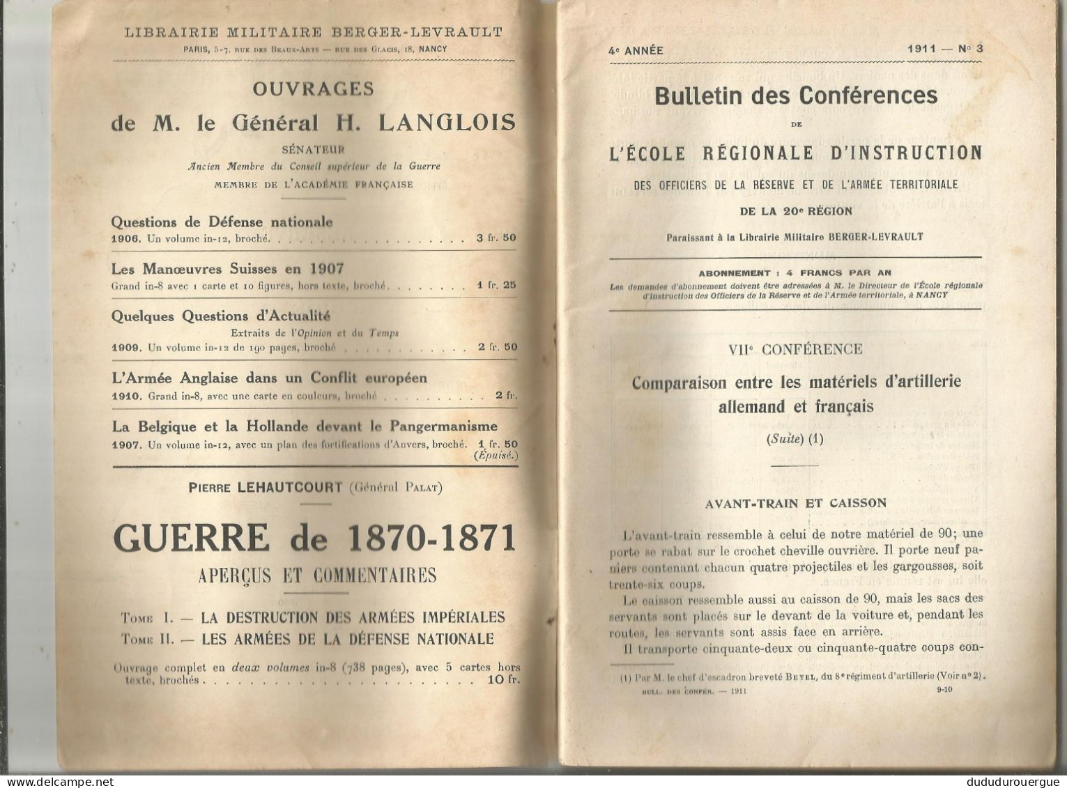 COMPARAISON ENTRE LES MATERIELS D ARTILLERIE ALLEMAND ET FRANCAIS ; L AVIATION A LA FIN DE 1910 - Other & Unclassified
