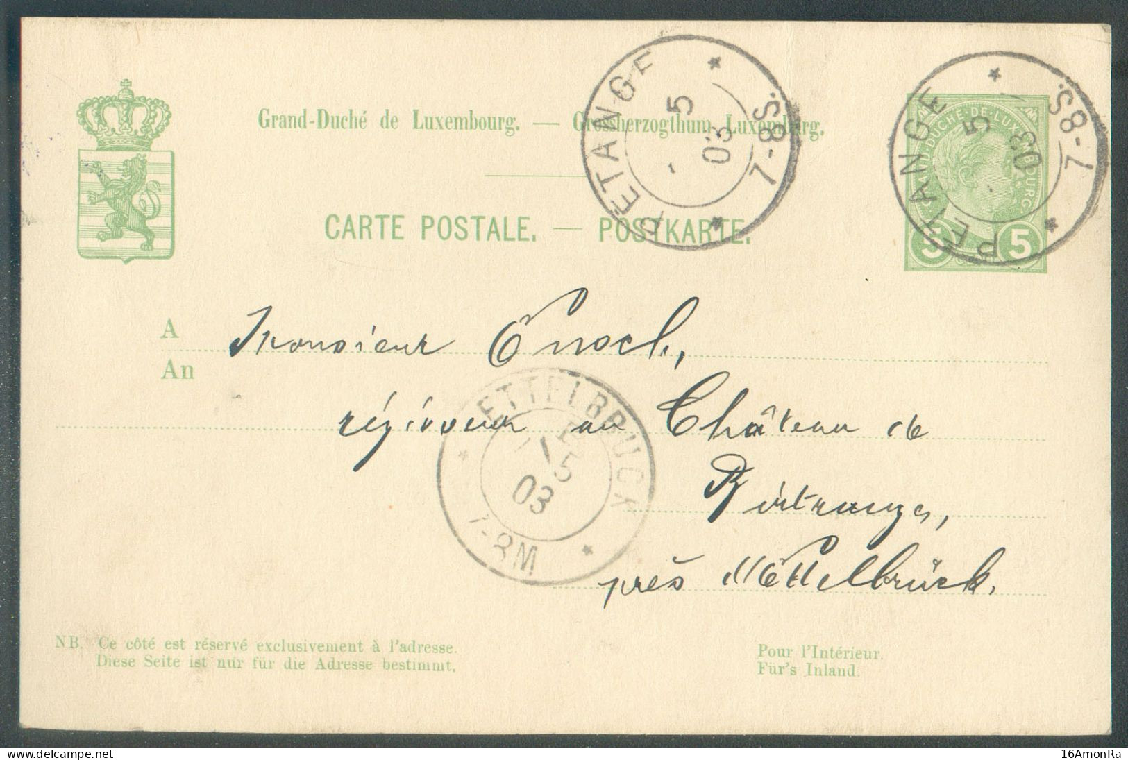 EP Carte 5c. Obl. Dc PETANGE 6-5-1903 Vers Birtrange Près Ettelbruck -  21164 - Entiers Postaux