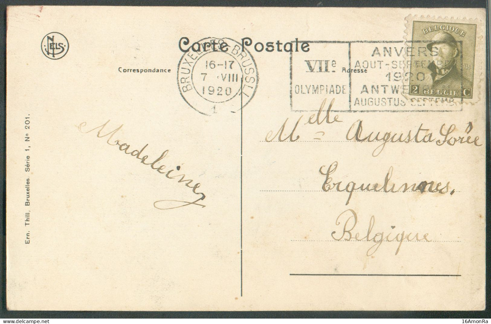 N°166 - 2c. Obl. Mécanique VII OLYMPIADE ANVERS S/C.P. BRUXELLES 1 Du 7-VIII-1920 Vers Erquelines.  . TB - 21168 - Sommer 1920: Antwerpen