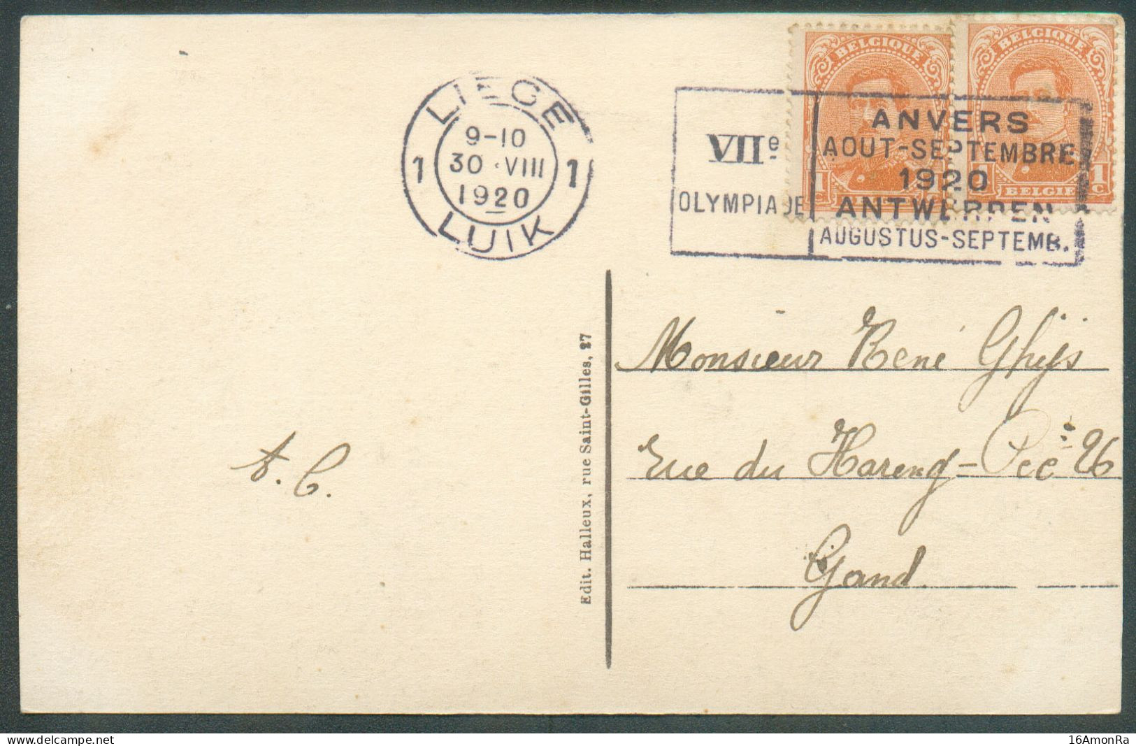 N°135(2) - 1c. (x2)  Obl. Mécanique VII OLYMPIADE ANVERS Sur C.P. De  LIEGE 1 Du 30-VIII-1920 Vers Gand. TB - 21176 - Ete 1920: Anvers