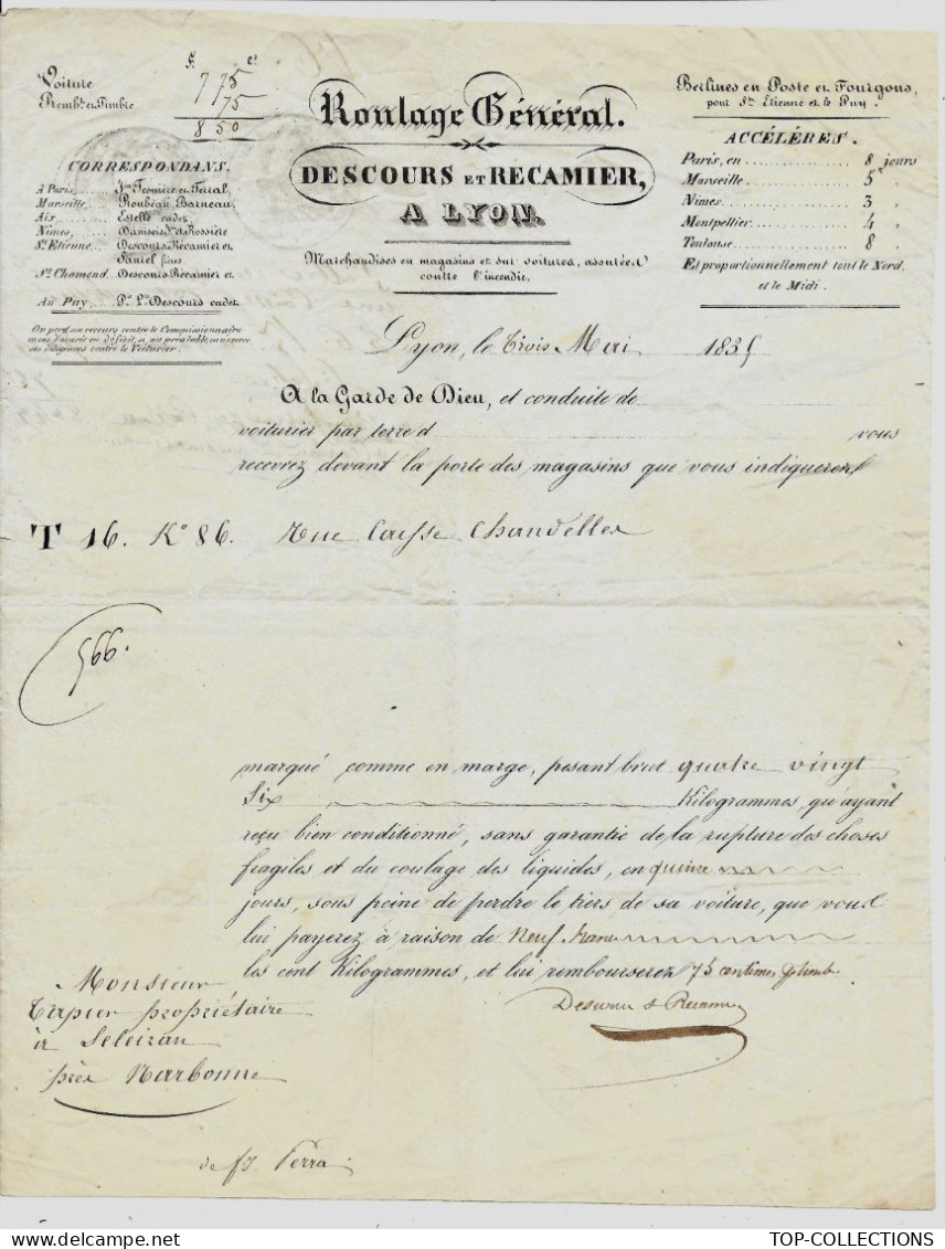 1835 ENTETE DESCOURS & RECAMIER Lyon  ROULAGE TRANSPORT LETTRE DE VOITURE  Caisse Chandelles Pour Tapier Seleizan V.SCAN - 1800 – 1899