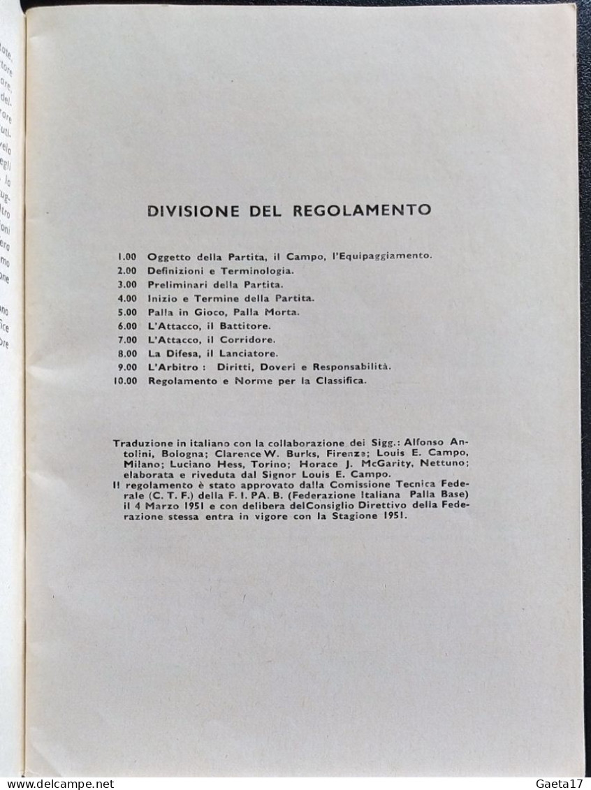 Baseball - Regolamento Tecnico Del Gioco (1951)) - Libri
