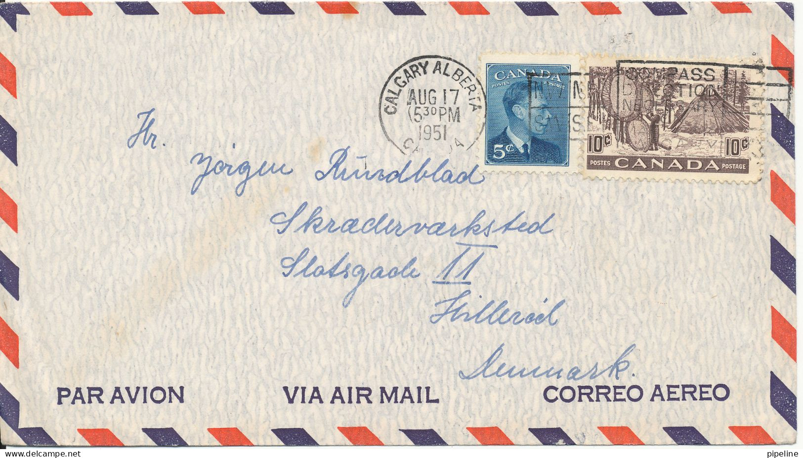 Canada Air Mail Cover Sent To Denmark Calgary Alberta 17-8-1951 - Poste Aérienne