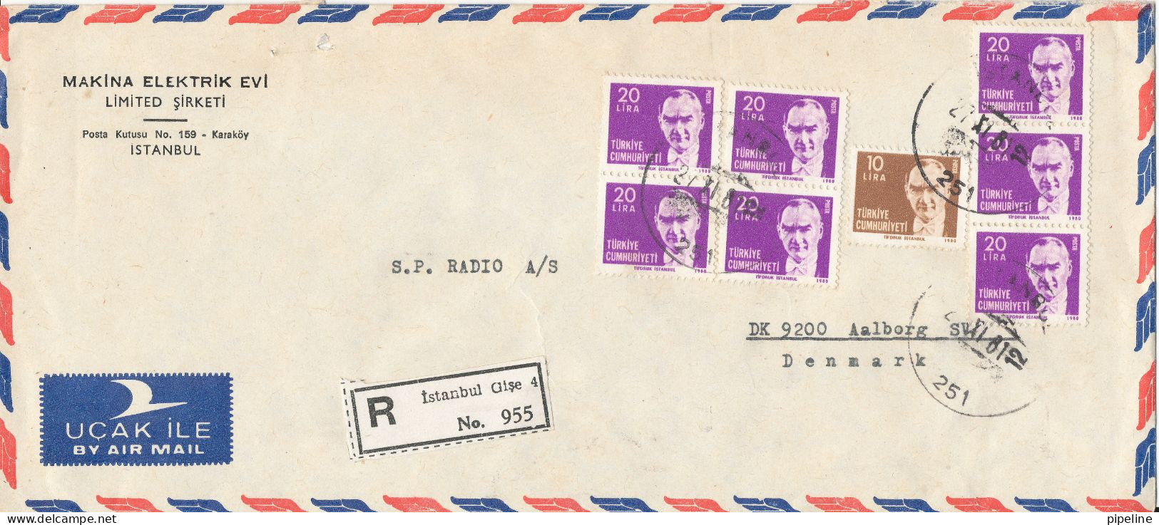 Turkey Registered Air Mail Cover Sent To Denmark Istanbul 21-11-1981 (the Cover Is Damaged At The Top Of The Backside) - Airmail