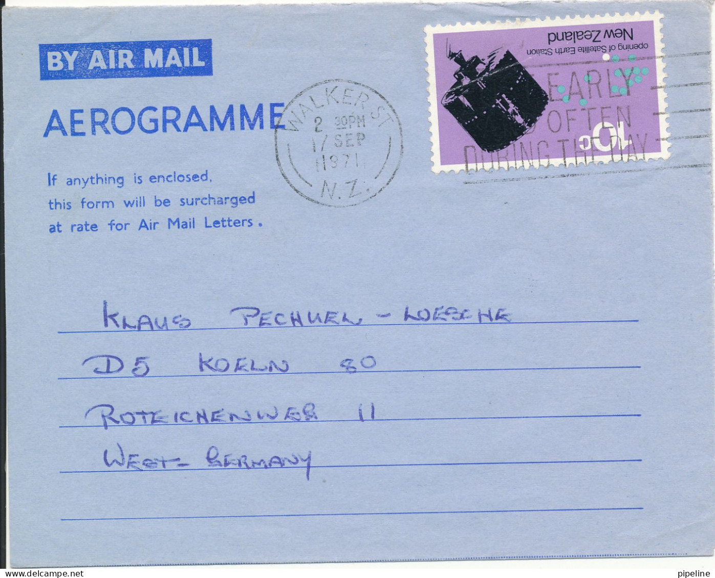 New Zealand Aerogramme Sent To Germany Walker St. 17-9-1971 - Posta Aerea