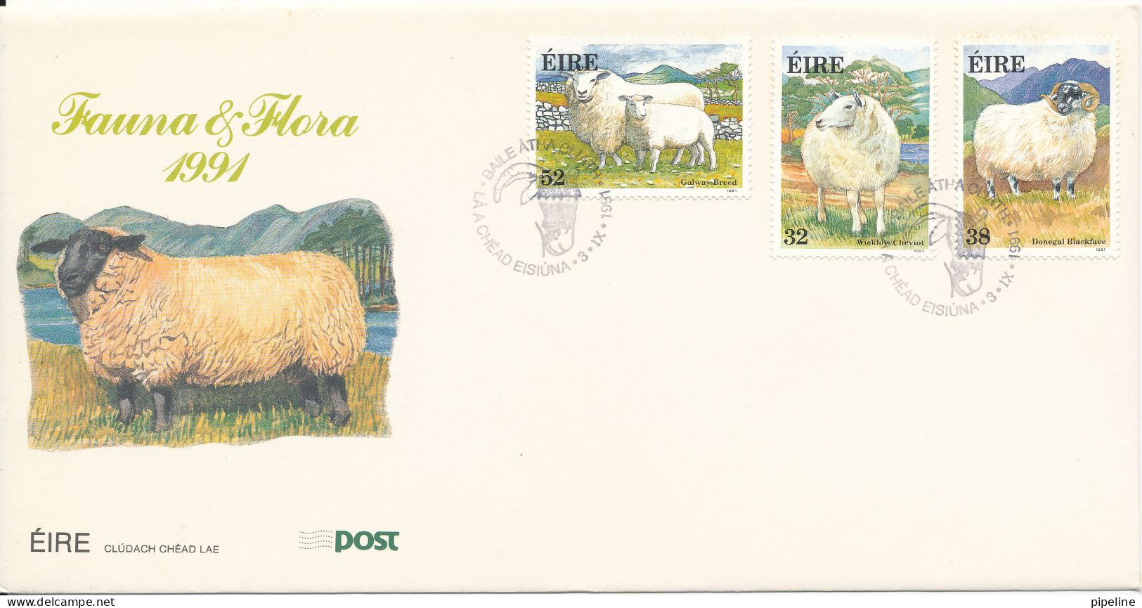 Ireland FDC 3-9-1991 Flora Fauna SHEEPS Complete Set Of 3 With Cachet - FDC