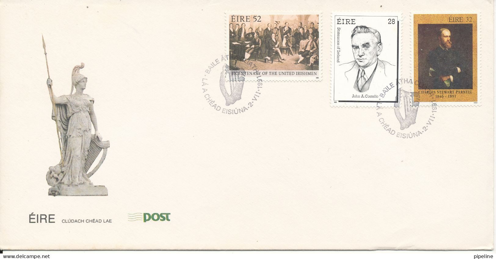 Ireland FDC 2-7-1991 3 Different On 1 Cover With Cachet - FDC