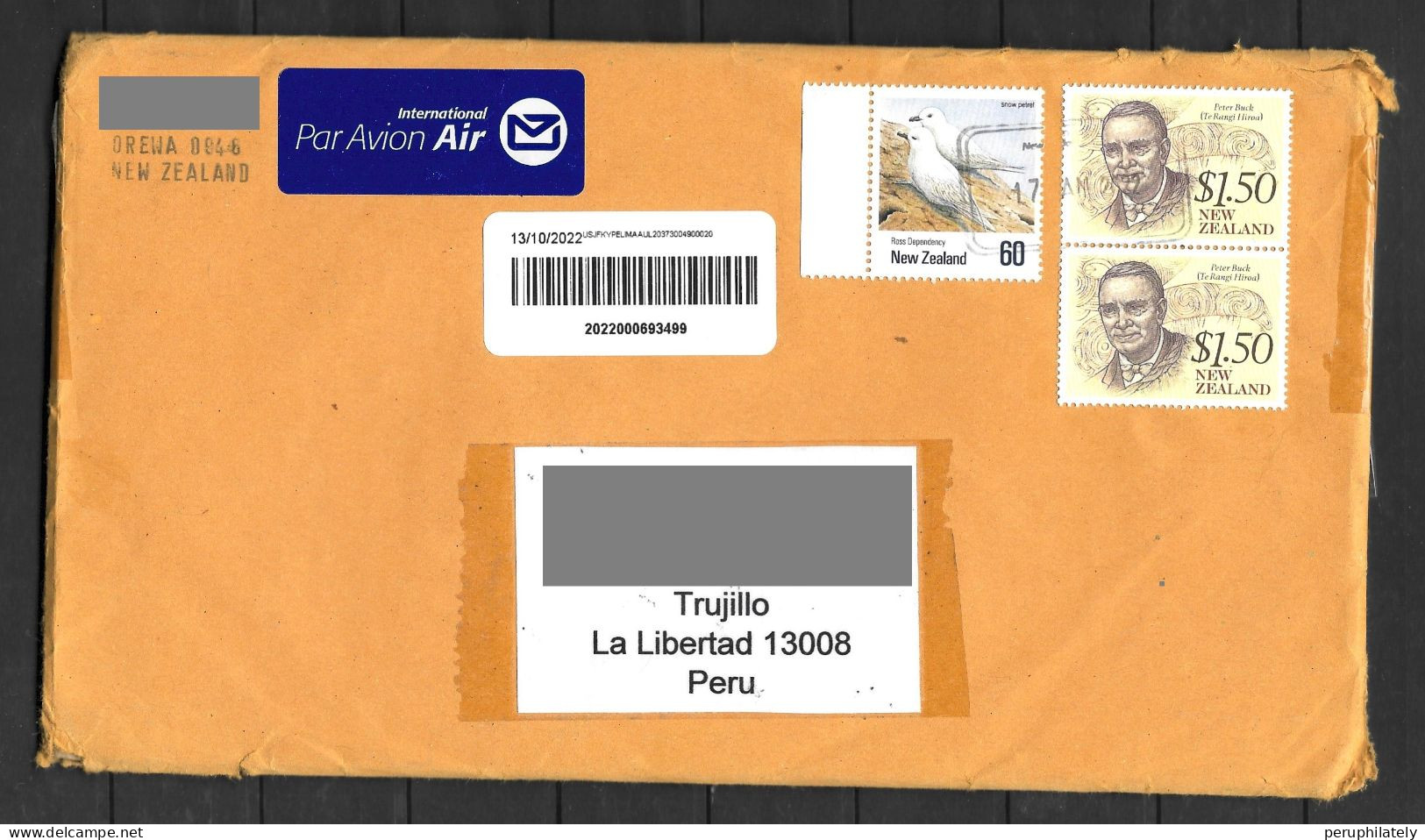 New Zealand Cover With Bird & Peter Buck Stamps Sent To Peru - Briefe U. Dokumente