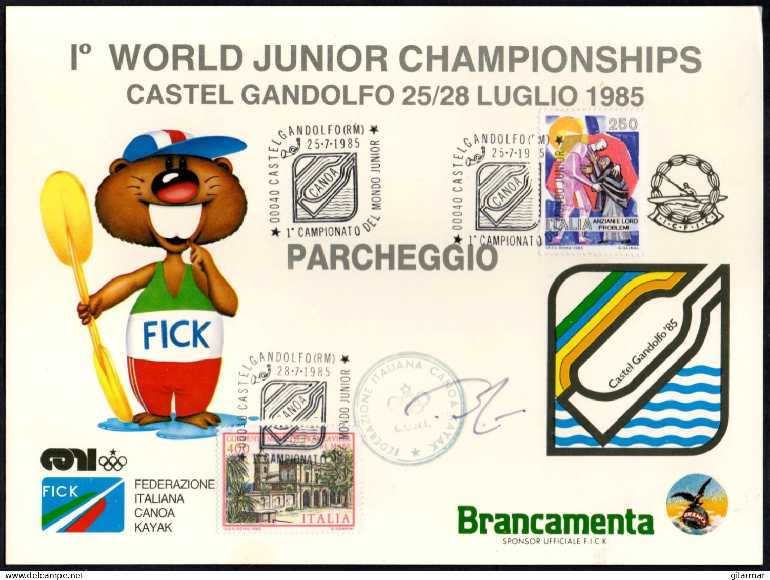 CANOEING - ITALIA CASTELGANDOLFO (RM) 25 E 28.07.1985 1° CAMPIONATO DEL MONDO JUNIOR CANOA - CONTRASSEGNO PARCHEGGIO - A - Kanu