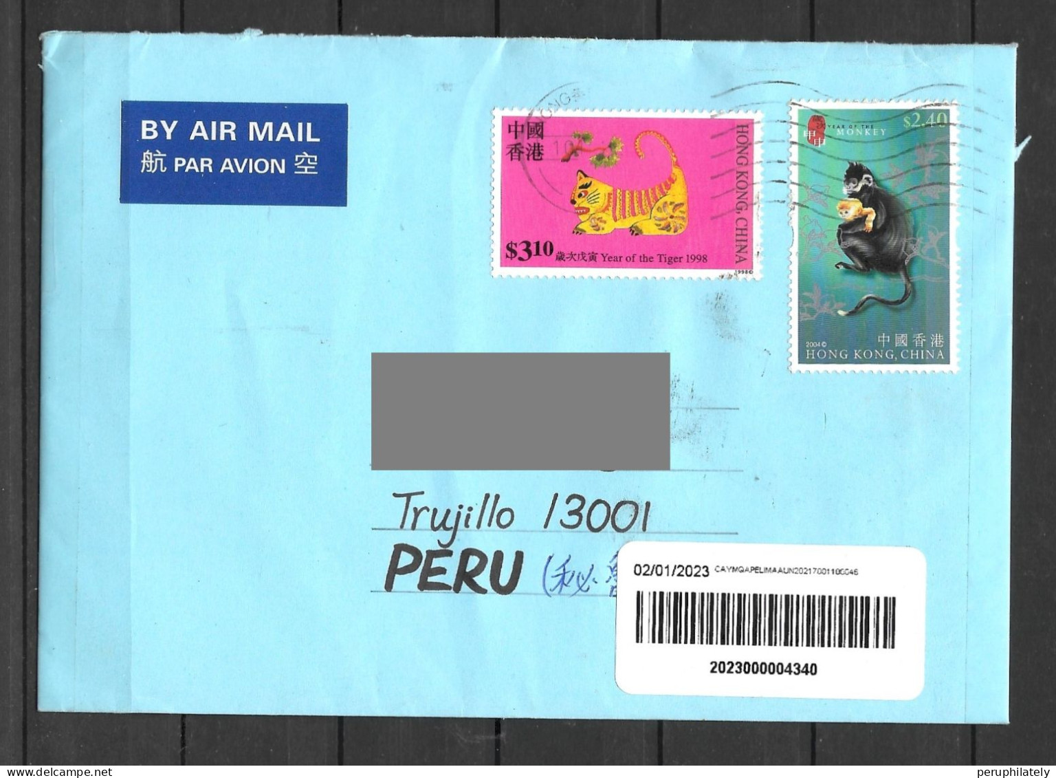 Hong Kong Cover With Year Of The Tiger And Monkey Stamps Sent To Peru - Storia Postale