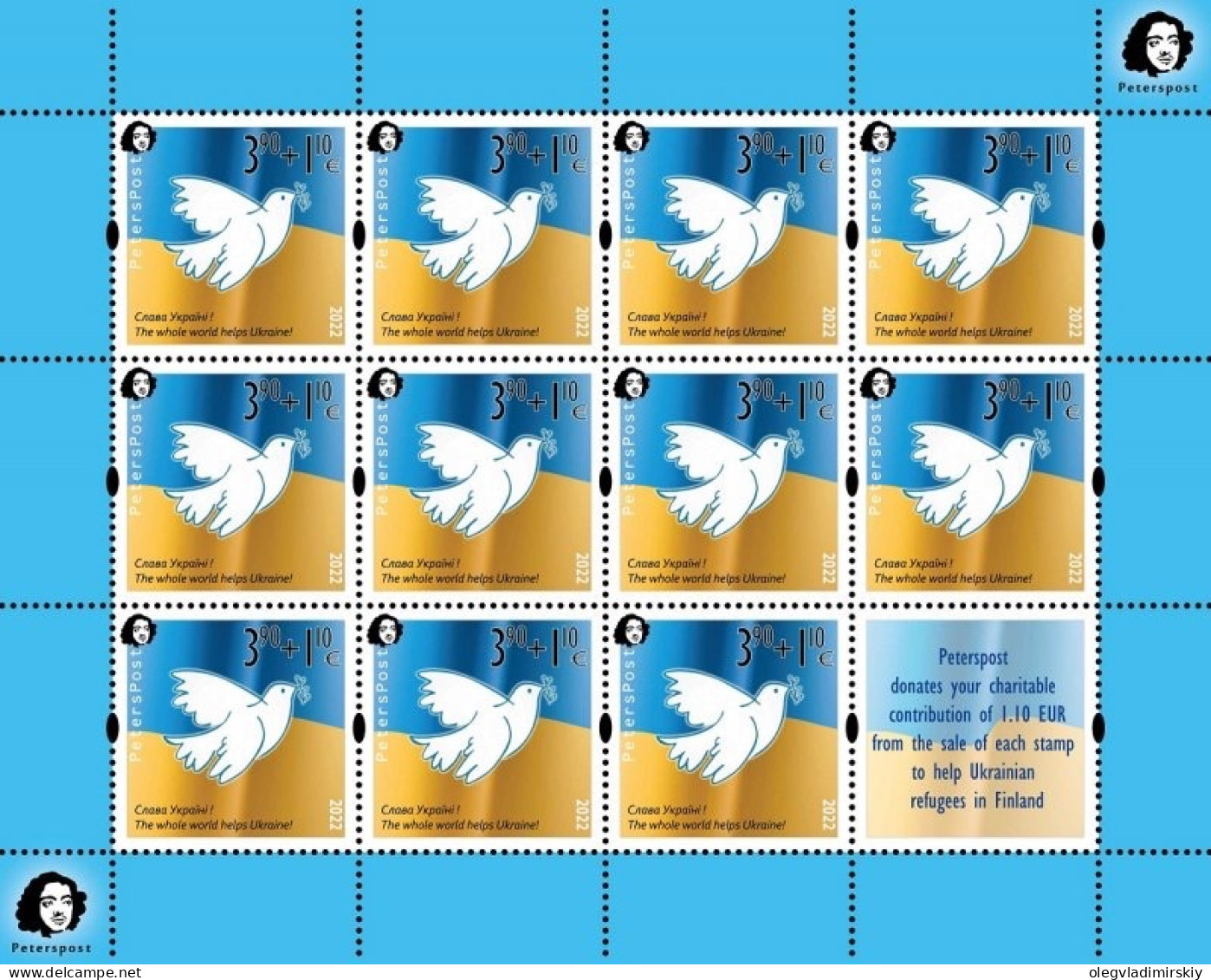 Finland 2022 No War! Help To Ukraine Peterspost Sheetlet Of 11 Stamps With Label Mint - Hojas Bloque