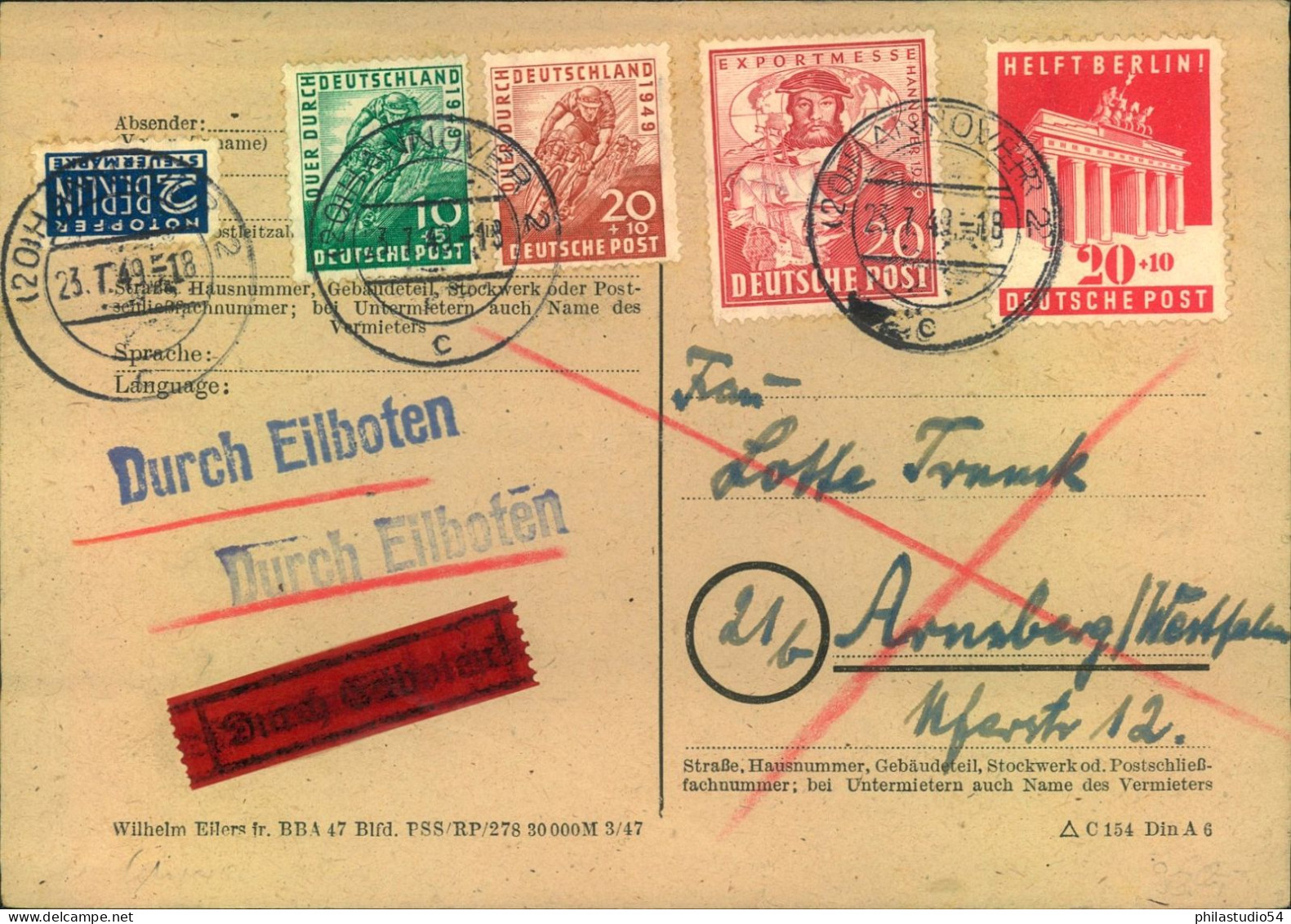 1949, Schöne Bedarfs-Eilbotenkarte Ab HANNOVER - Autres & Non Classés