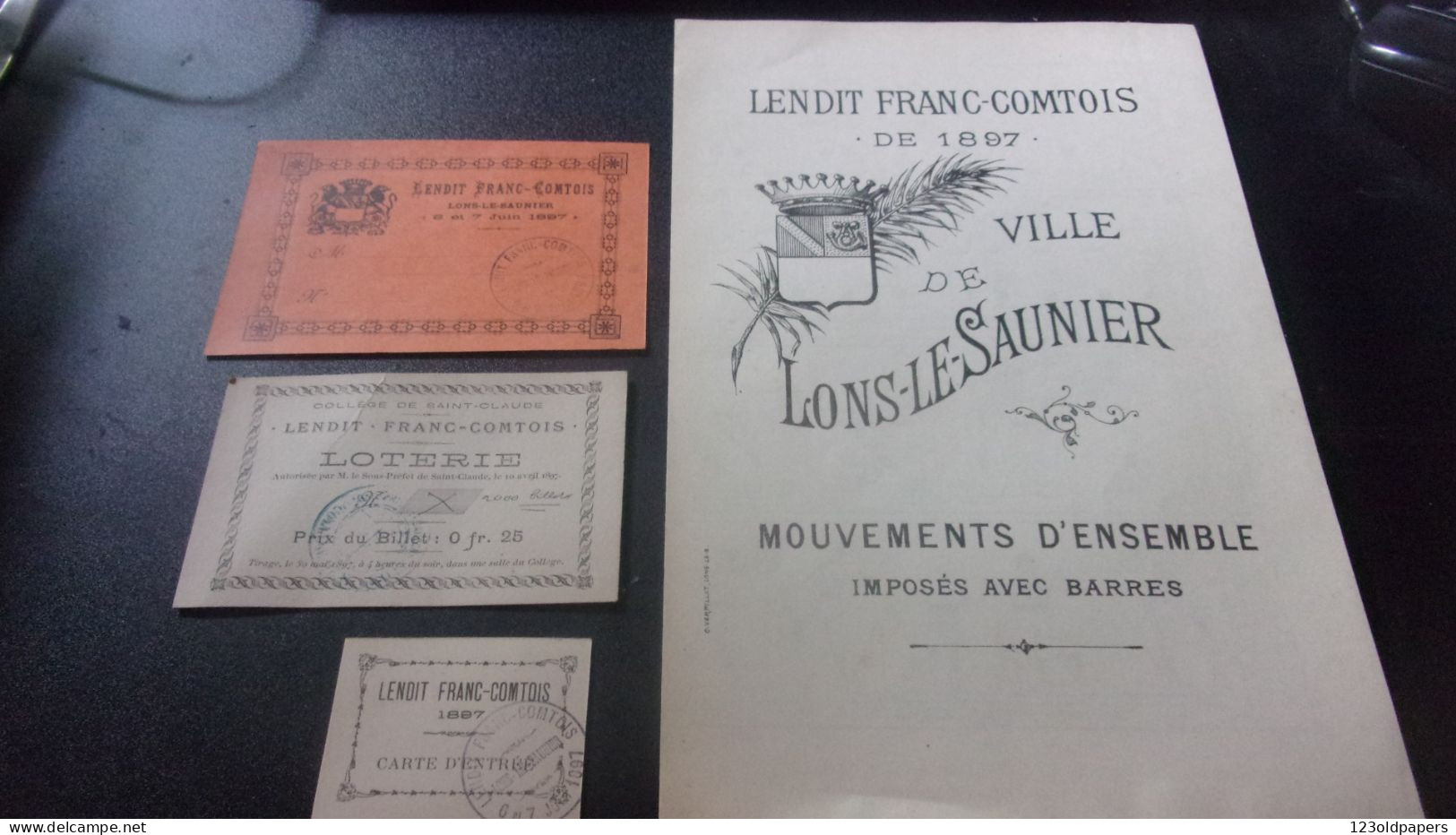 LOT DE 4 DOCUMENTS SUR LENDIT FRANC COMTOIS DEE 1897 LONS LE SAUNIER CARTE ENTREE  LOTERIE EXERCICES - Historical Documents