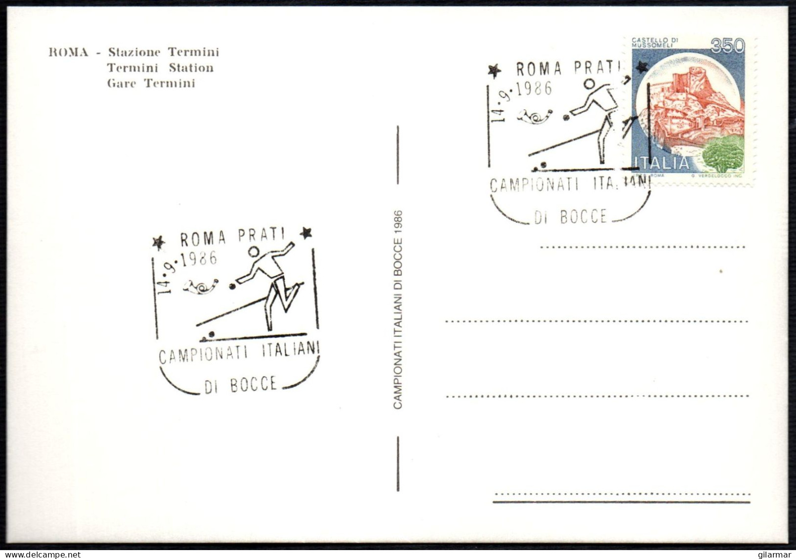 BOWLS - ITALIA ROMA 1986 - CAMPIONATI ITALIANI DI BOCCE - CARTOLINA UFFICIALE - STAZIONE TERMINI - A - Boule/Pétanque
