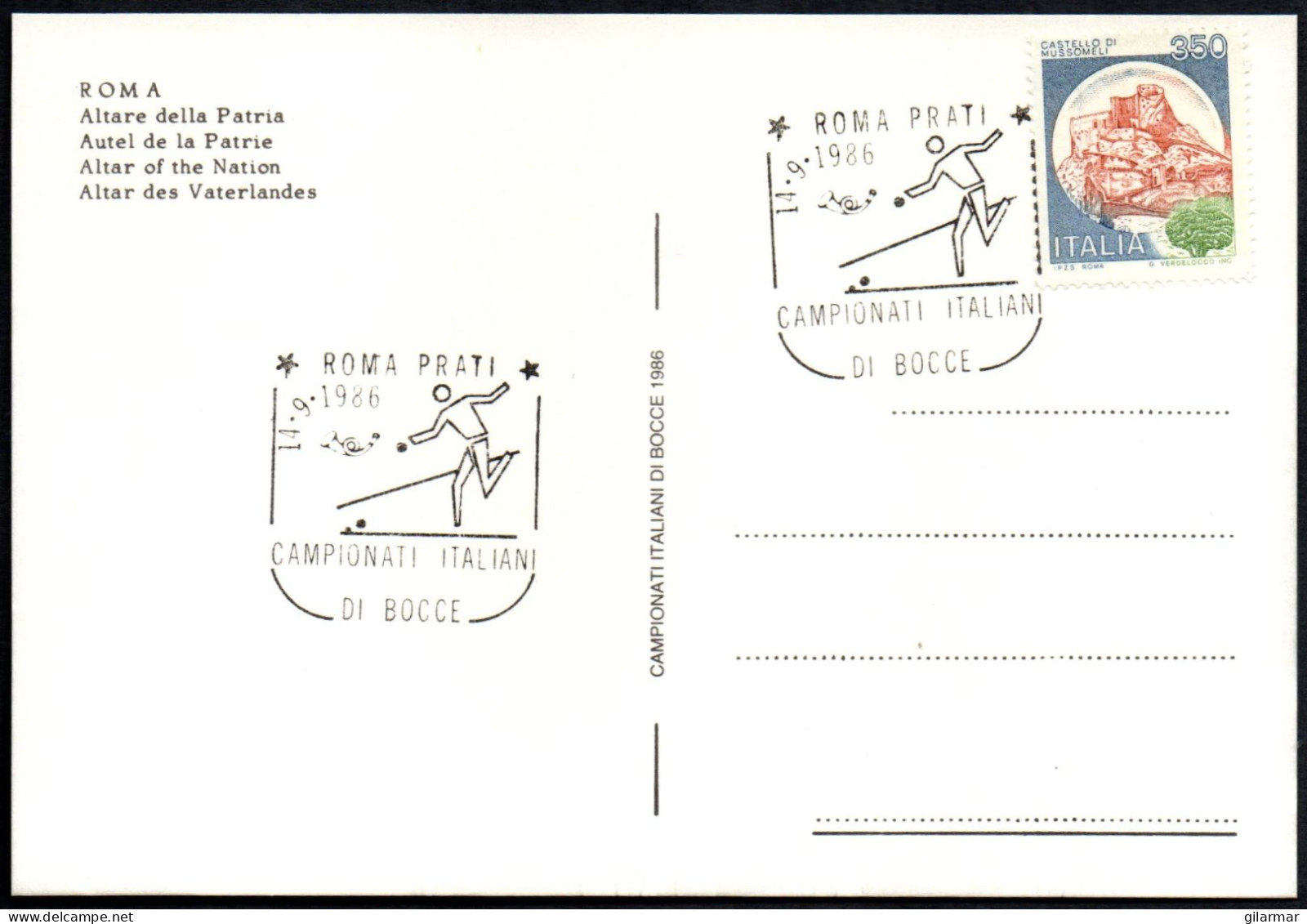 BOWLS - ITALIA ROMA 1986 - CAMPIONATI ITALIANI DI BOCCE - CARTOLINA UFFICIALE - ALTARE DELLA PATRIA - A - Bocce