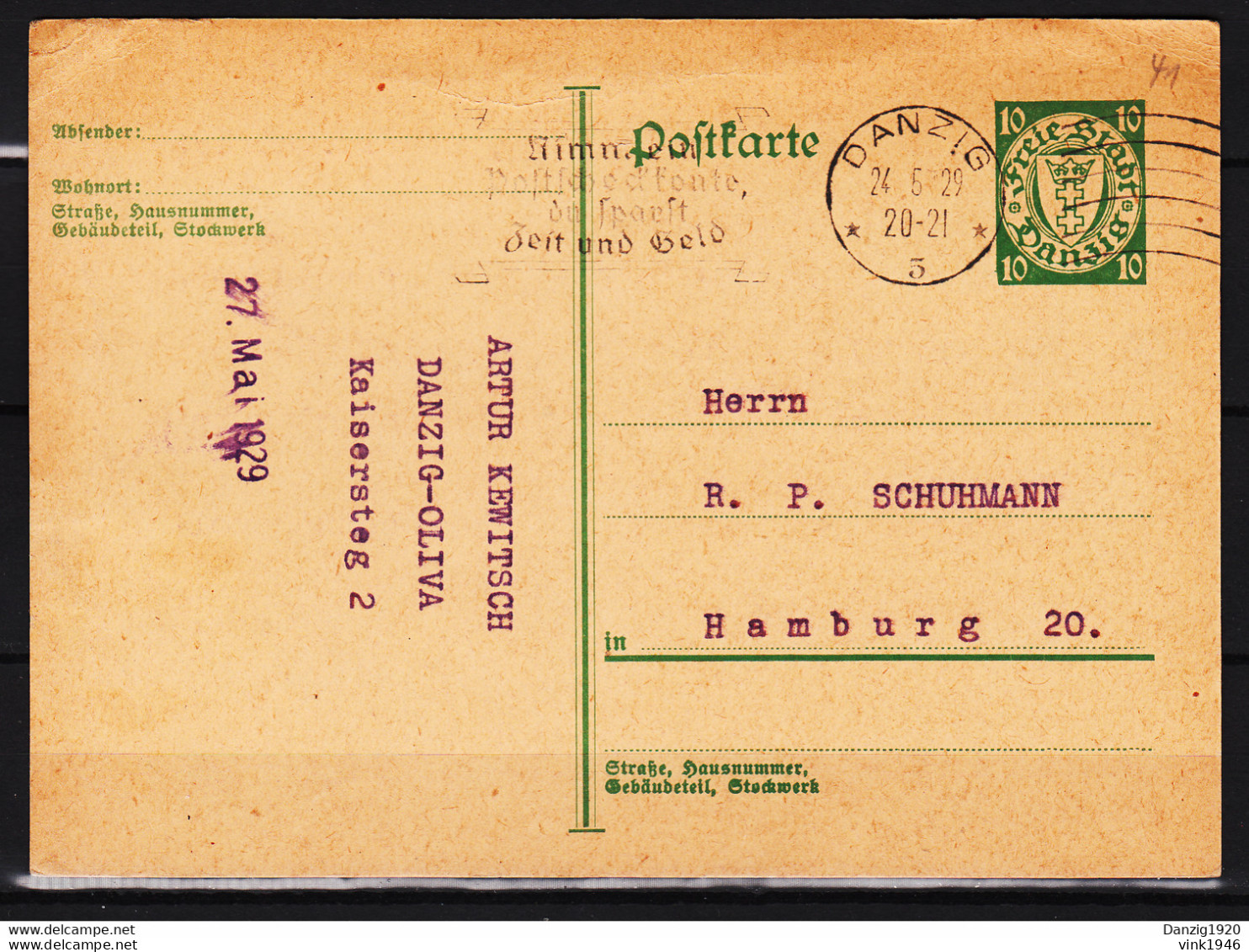 Danzig 1929,Postkarte Mit (MS 48.1)Nimm Ein Postcheckkonto Und Spart  Zeit Und Geld,(D2861) - Postwaardestukken