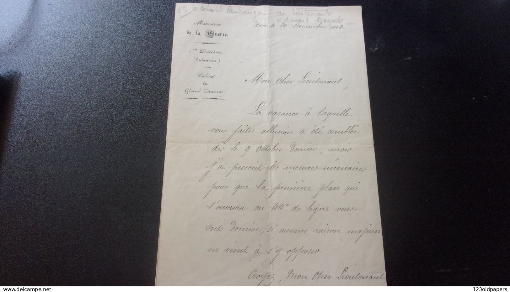 LAS GENERAL BOULANGER 1883 AU LIEUTENANT EDMOND DAGUET  MINISTERE DE LA GUERRE - Documents