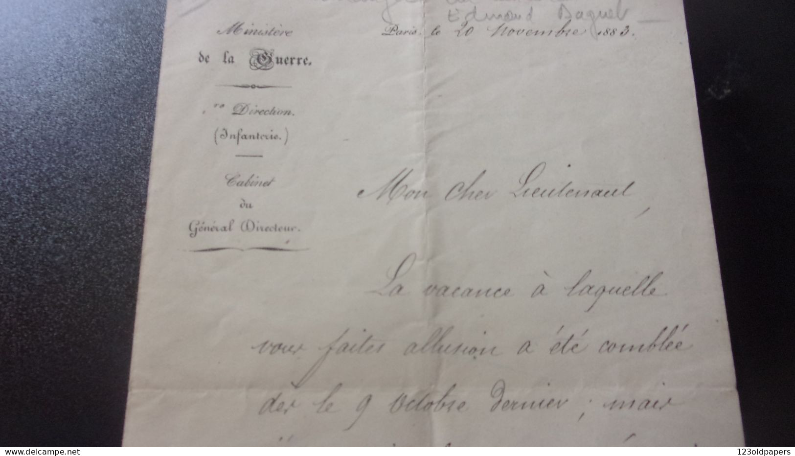 LAS GENERAL BOULANGER 1883 AU LIEUTENANT EDMOND DAGUET  MINISTERE DE LA GUERRE - Documenten