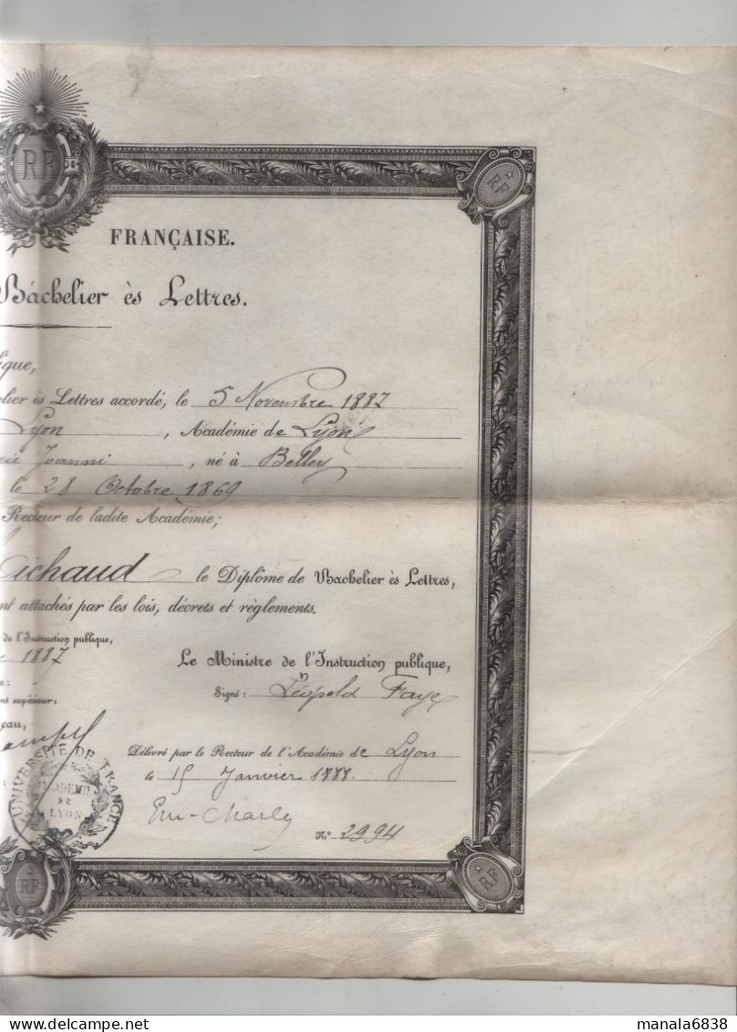 Diplôme Bachelier Lettres Michaud Belley Lyon 1887 - Diploma's En Schoolrapporten