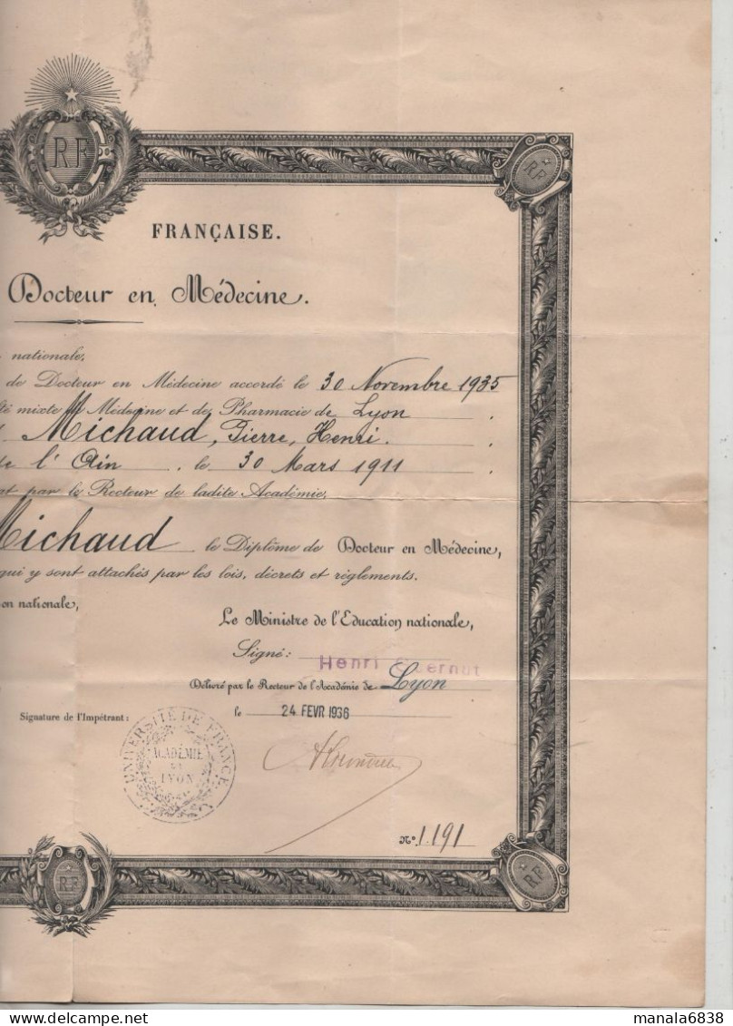 Diplôme Docteur Médecine  Michaud Belley Lyon 1936 1940 - Diploma's En Schoolrapporten