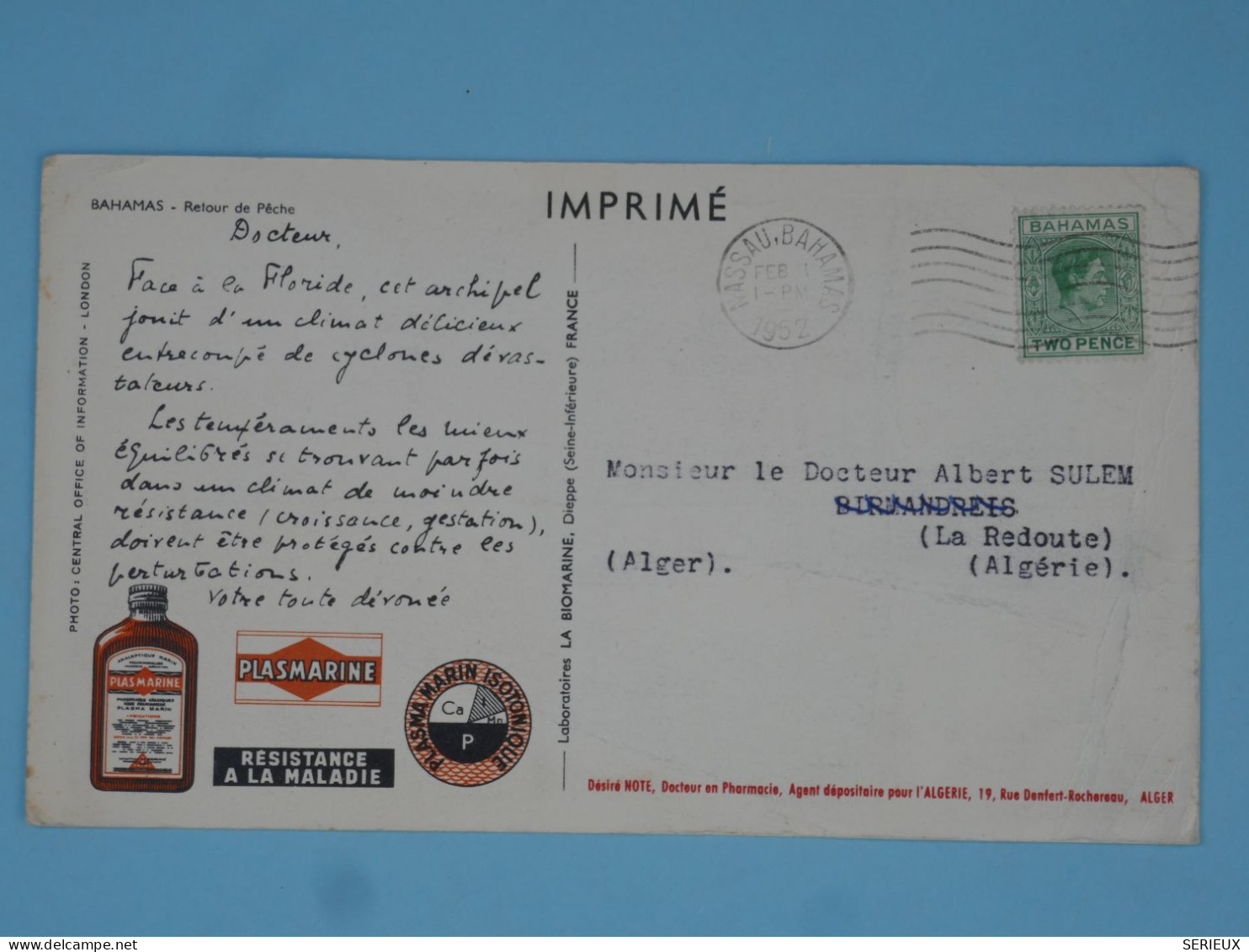 BT10 BAHAMAS   BELLE  CARTE RR  1952 +A  ALGER  FRANCE + AFFRANCH. INTERESSANT++++ - Andere & Zonder Classificatie