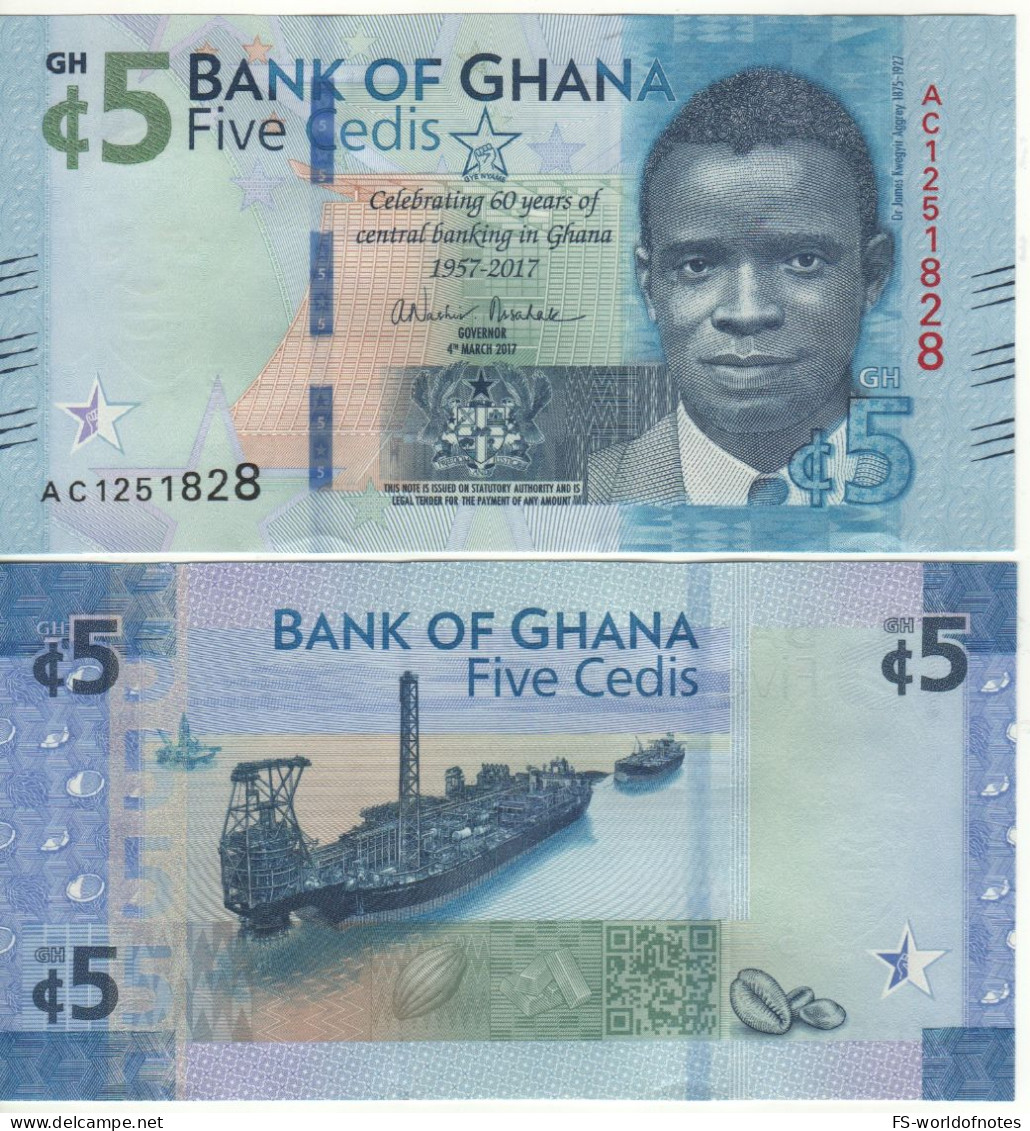 GHANA  5  Cedi  "Commemorative Issue"  P43   2017 	"60 Years Of Central Banking In Ghana (1957-2017)"   UNC - Ghana