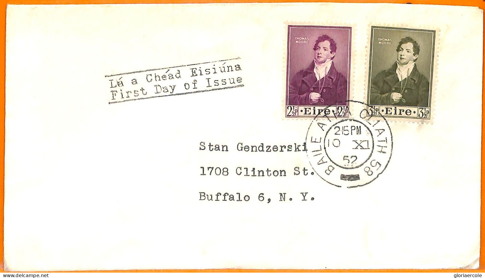 99276  - IRELAND Eire - POSTAL HISTORY - FDC COVER To USA 1952 Thomas MOORE - Brieven En Documenten