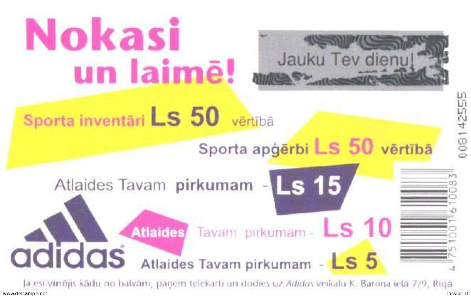 Latvia:Used Phonecard, Lattelekom, 3 Lati, Adidas Advertising, Lottery - Letland