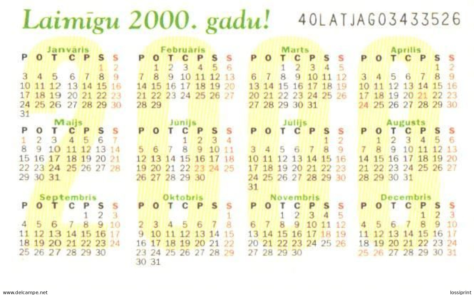 Latvia:Used Phonecard, Lattelekom, 5 Lati, Calendar 2000, 2001 - Lettonie