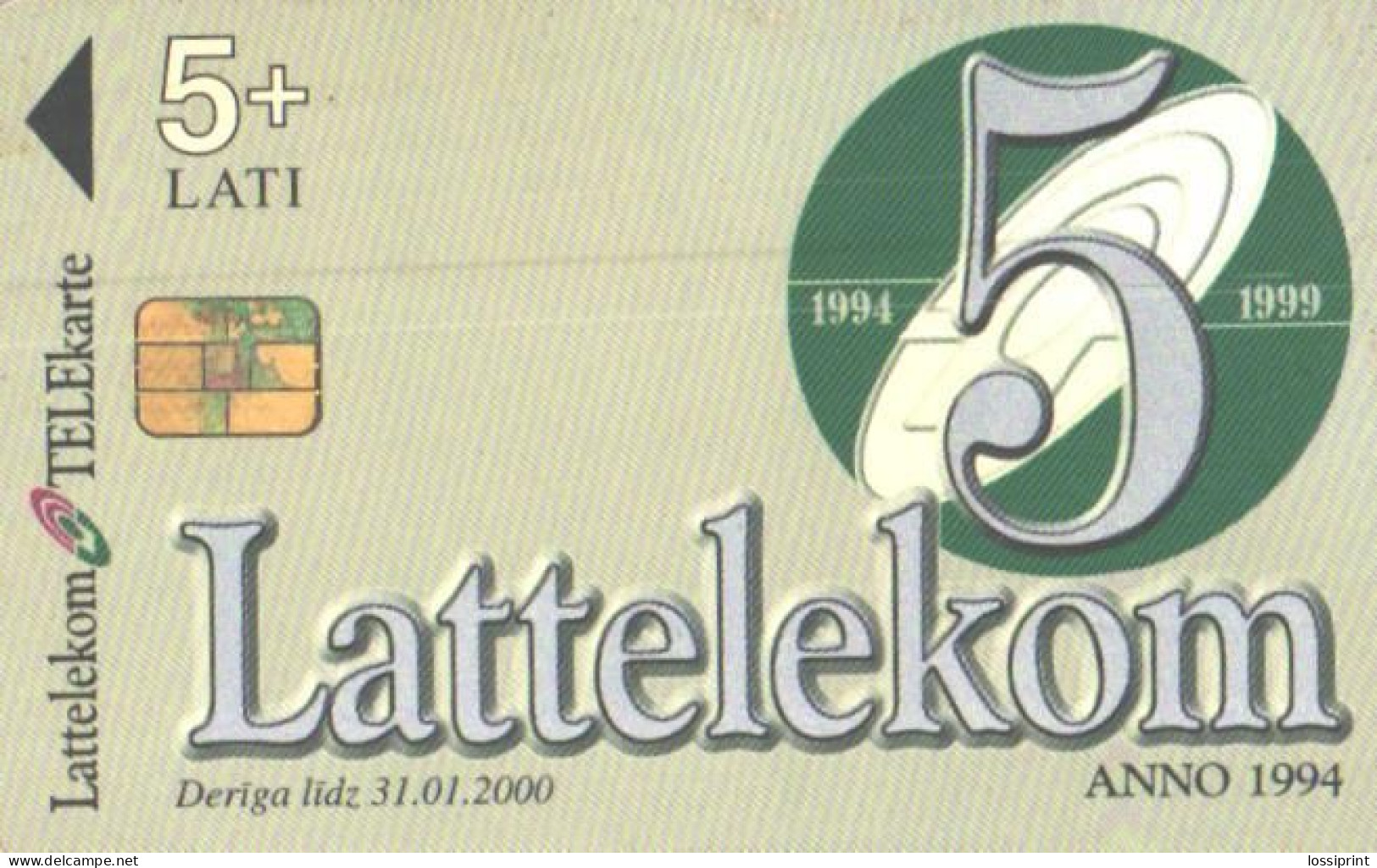 Latvia:Used Phonecard, Lattelekom, 5 Lati, Lattelekom 5 Years, 1999 - Lettonie