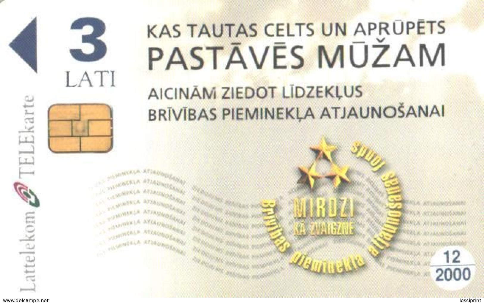 Latvia:Used Phonecard, Lattelekom, 3 Lati, Monument, 2000 - Letland