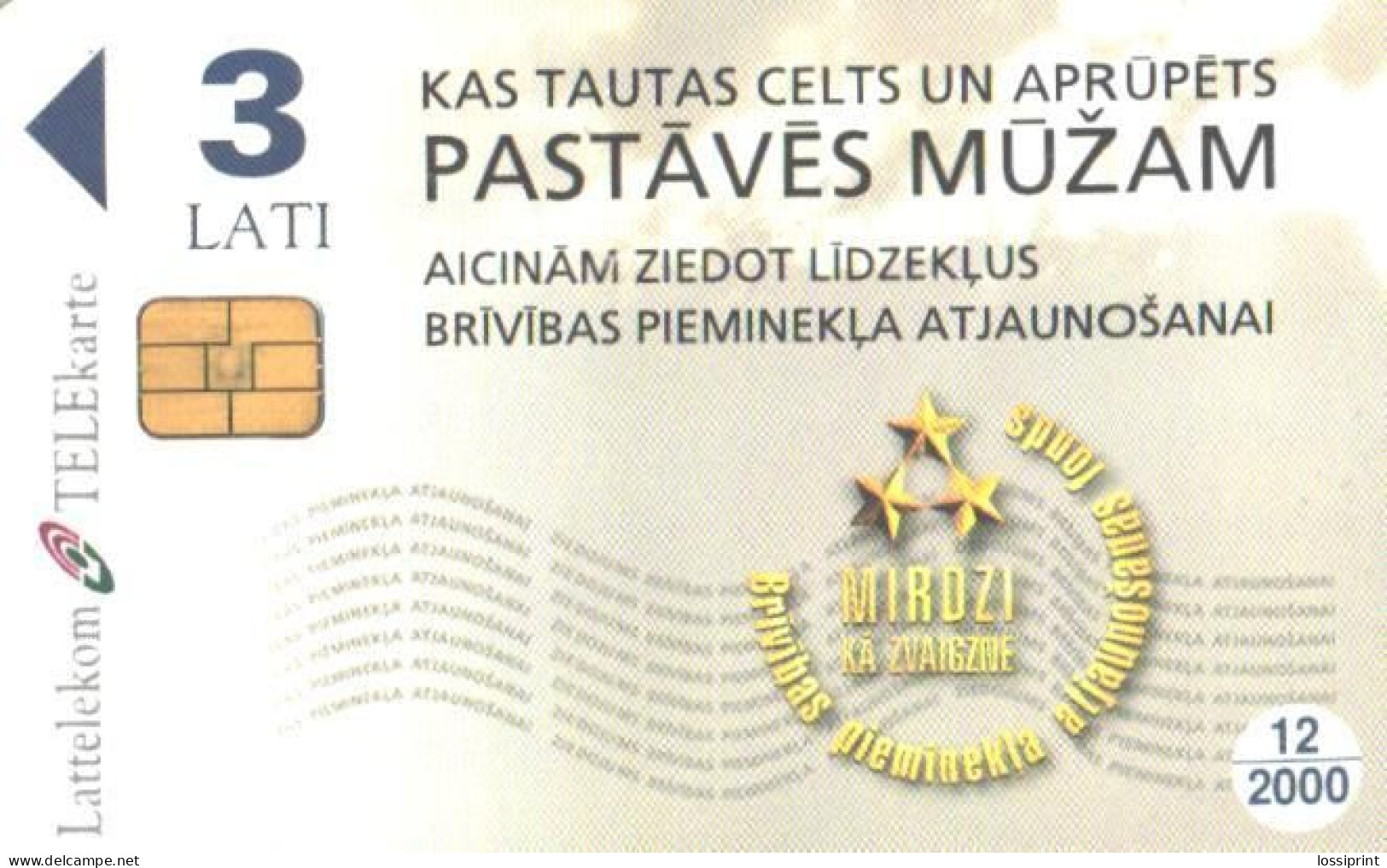 Latvia:Used Phonecard, Lattelekom, 3 Lati, Monument, 2000 - Latvia