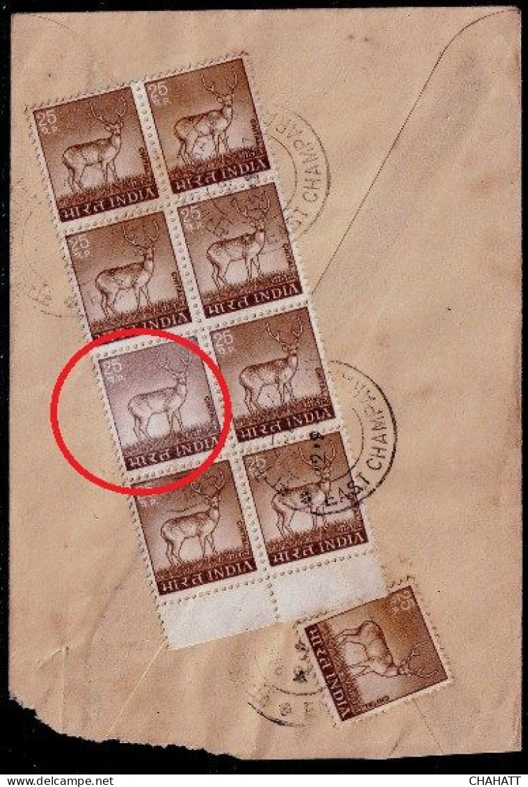 INDIA- DEINITIVES-ERROR- DRY PRINT- CHITAL (Deer- Wildlife) - MARGINAL BLOCK OF 8 USED ON REG CVR-INDIA-1977-FC2-151 - Variétés Et Curiosités