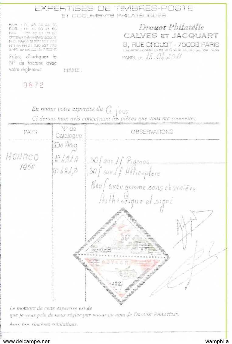 Monaco Variété , Non émis.N°491A/B Pigeon Et Hélicoptère, Certificat Calves.  Dallay 2003 Cote +10000€. - Errors And Oddities