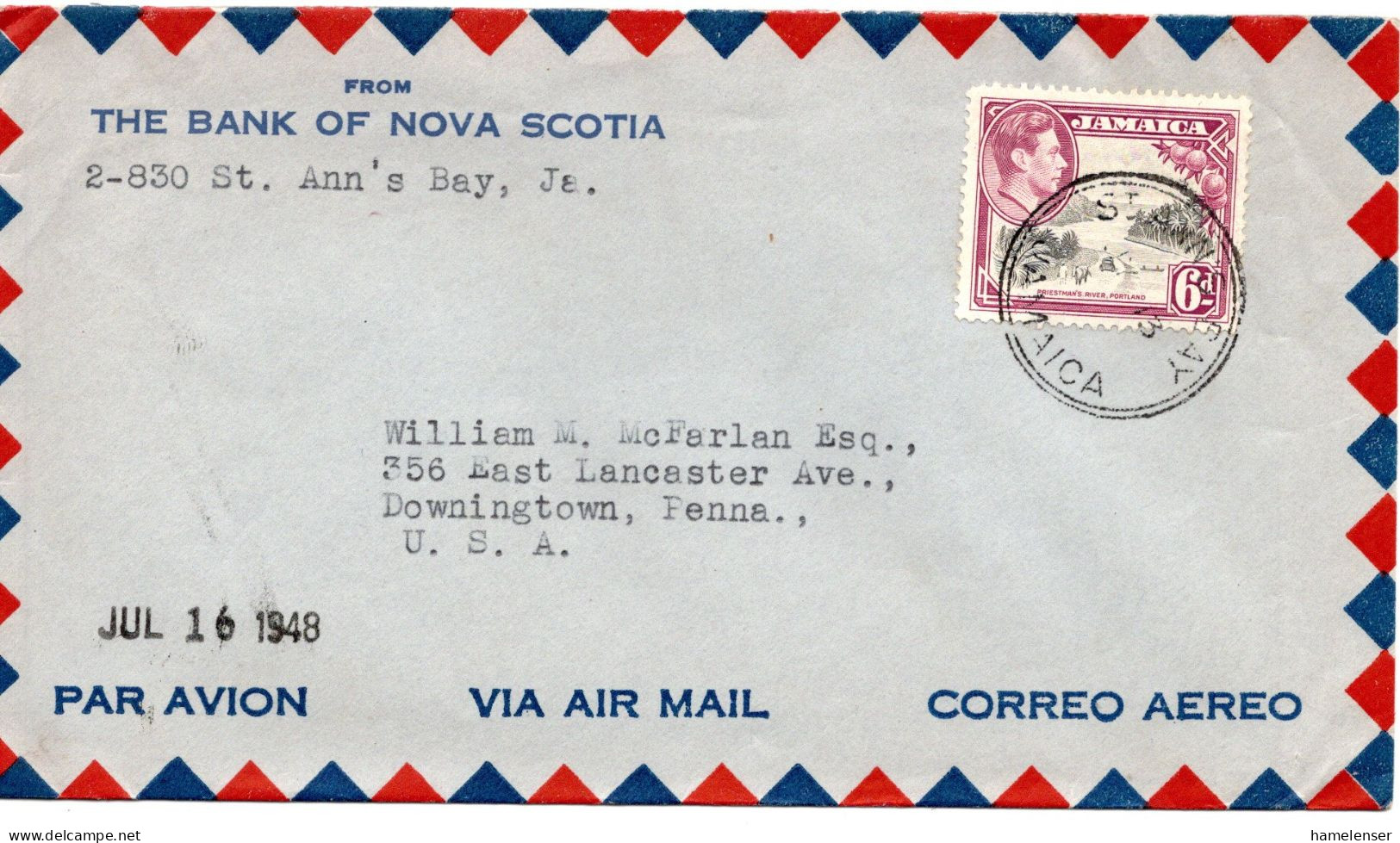 66655 - Jamaica - 1948 - 6d KGVI EF A LpBf ST ANN'S BAY -> Downingtown, PA (USA) - Jamaica (...-1961)