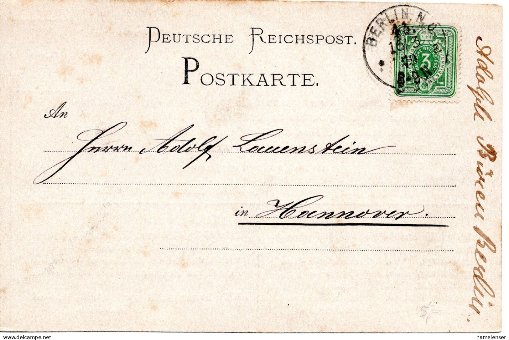 66661 - Deutsches Reich - 1879 - 3Pfge EF A DrucksKte BERLIN -> Hannover - Briefe U. Dokumente