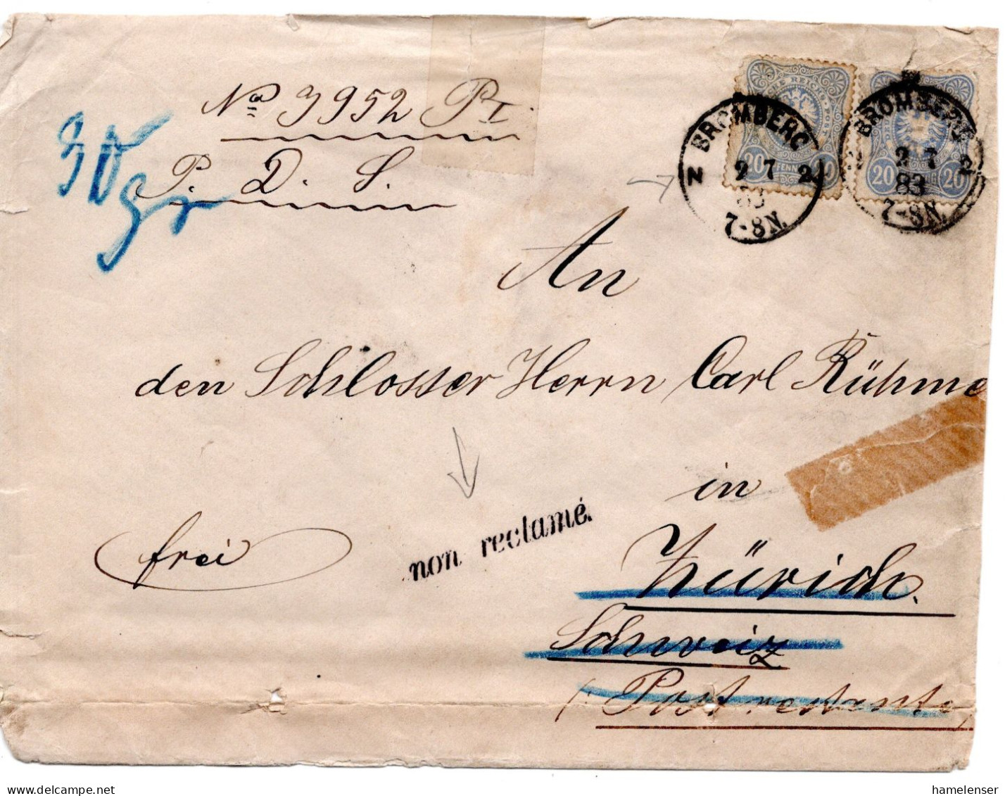 66662 - Deutsches Reich - 1883 - 2@20Pfg A Bf (Mgl) BROMBERG -> ZUERICH (Schweiz), Als "nicht Abgeholt" Zurueck - Covers & Documents