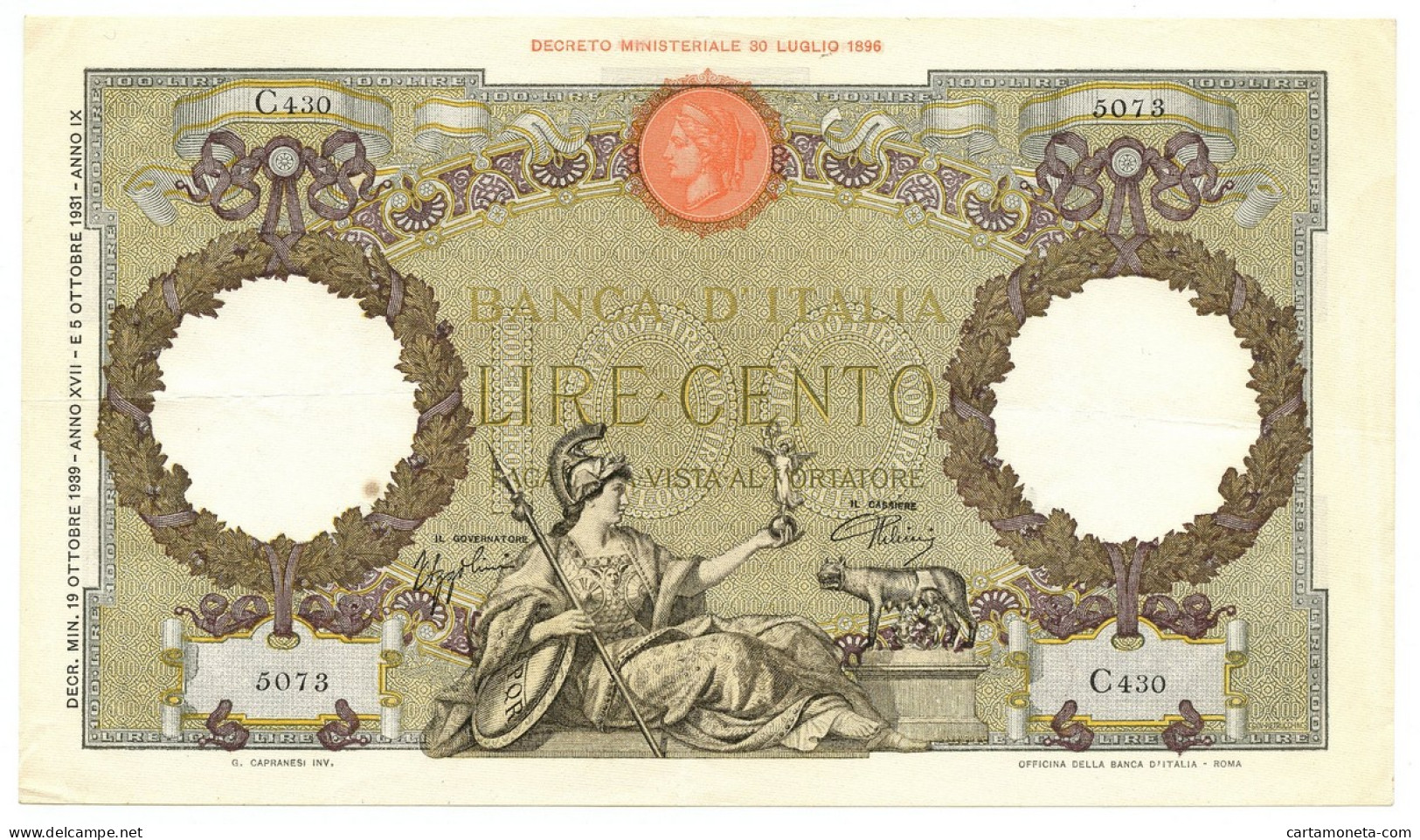 100 LIRE CAPRANESI AQUILA ROMANA TESTINA FASCIO ROMA 19/10/1939 QSPL - Regno D'Italia - Altri