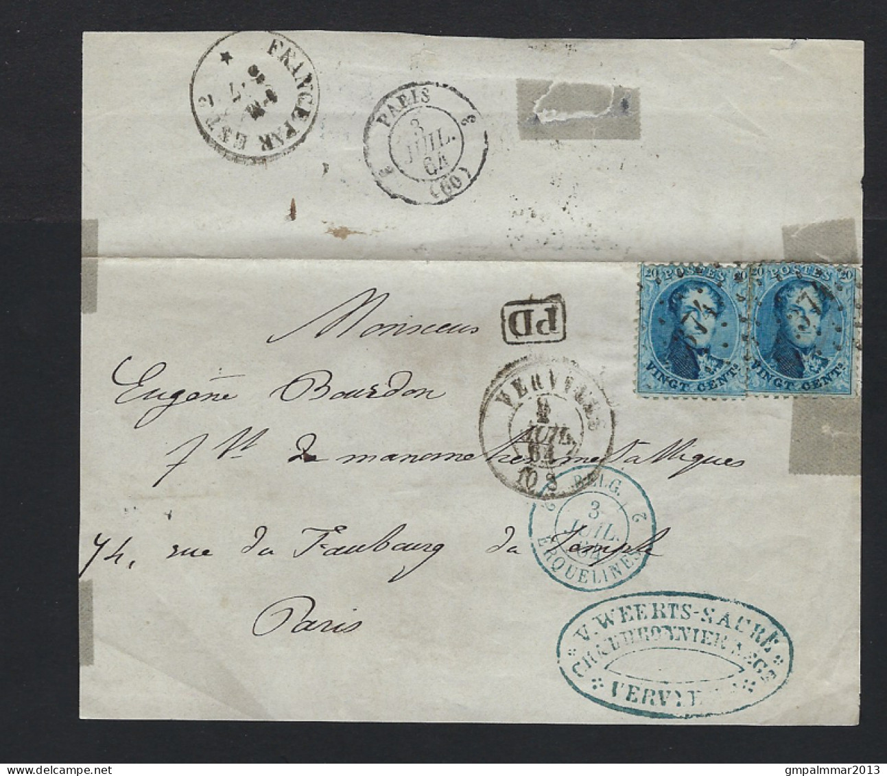 1864 Briefstuk Met 2 X 20 Cent Van VERVIERS Naar Parijs ; Detail & Staat Zie 2 Scans !  LOT 254 - 1849-1865 Medallions (Other)