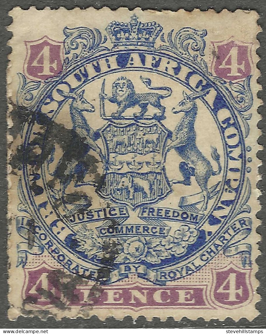 British South Africa Company (Rhodesia). 1896 Arms.Die II. 4d Used. SG 44a - Southern Rhodesia (...-1964)